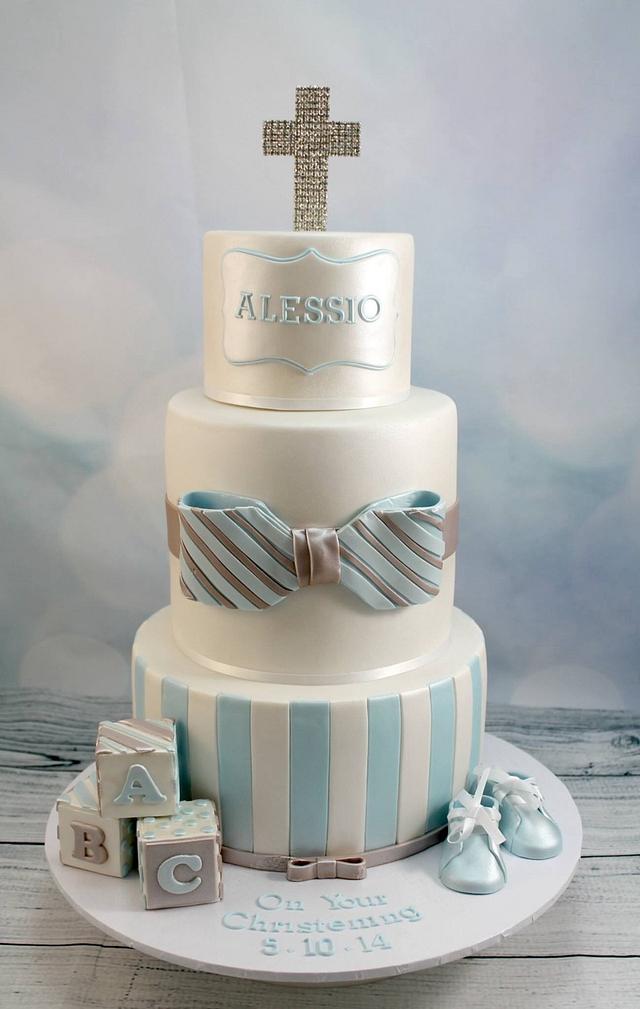 Blue and white christening cake