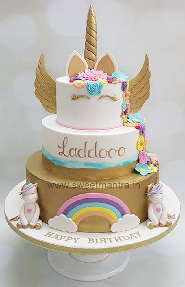 Made this unicorn 3 tier cake with sugarpaste horn and ears and peony  flower. Buttercream hair | Unicorn birthday cake, Unicorn cake, Pony cake