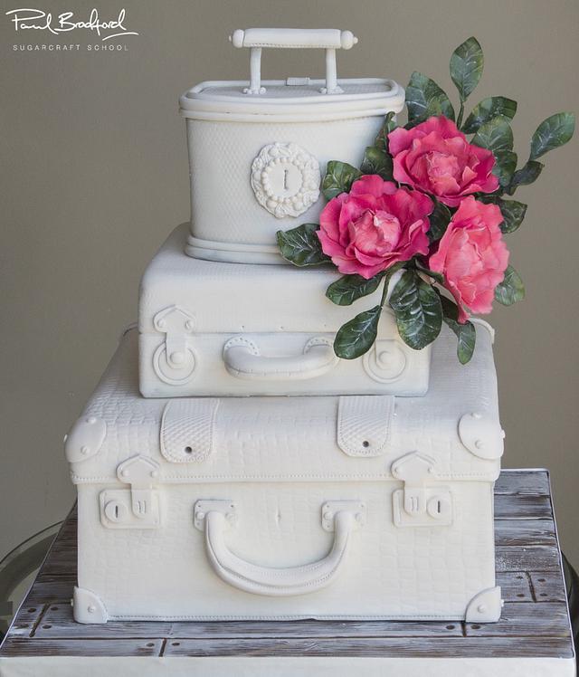 White Vintage Suitcase Decorated Cake by Paul Bradford CakesDecor