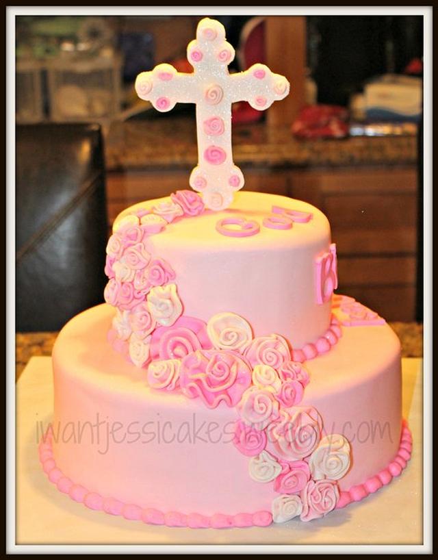 Pink Roses first communion cake - Decorated Cake by - CakesDecor