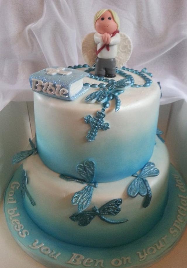 Dragonfly and angel boy communion cake - Decorated Cake - CakesDecor