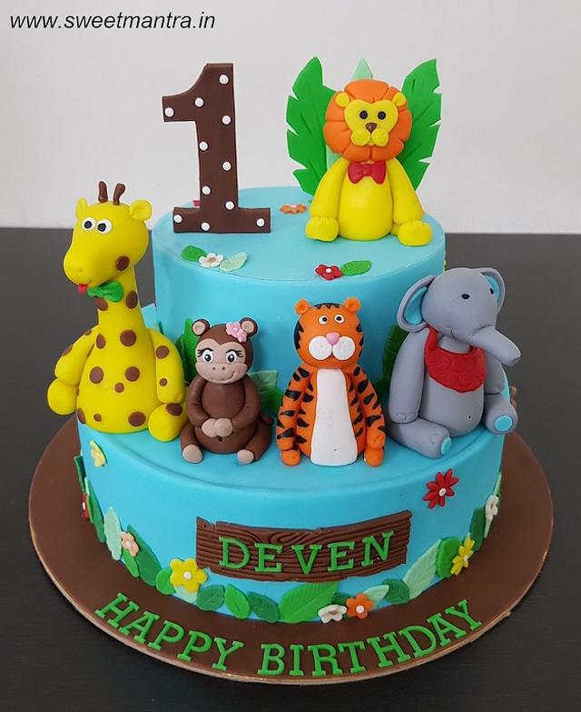 3D animals theme 2 layer customized fondant cake - - CakesDecor