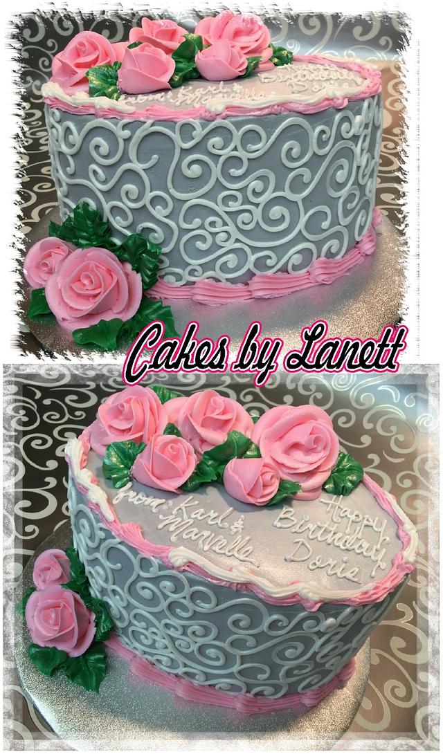 Birthday Cake with Scrolls & BC Roses - Cake by lanett - CakesDecor