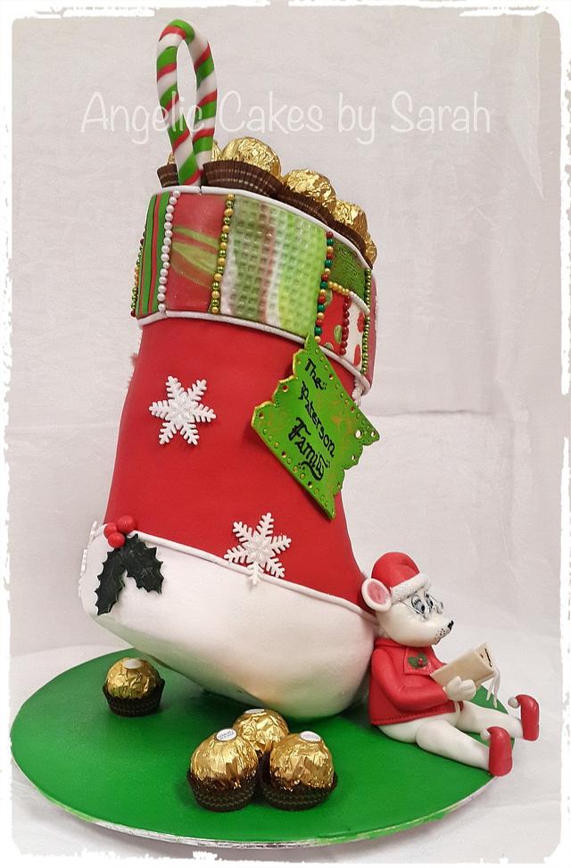 3d Christmas Stocking cake with Caroling mouse