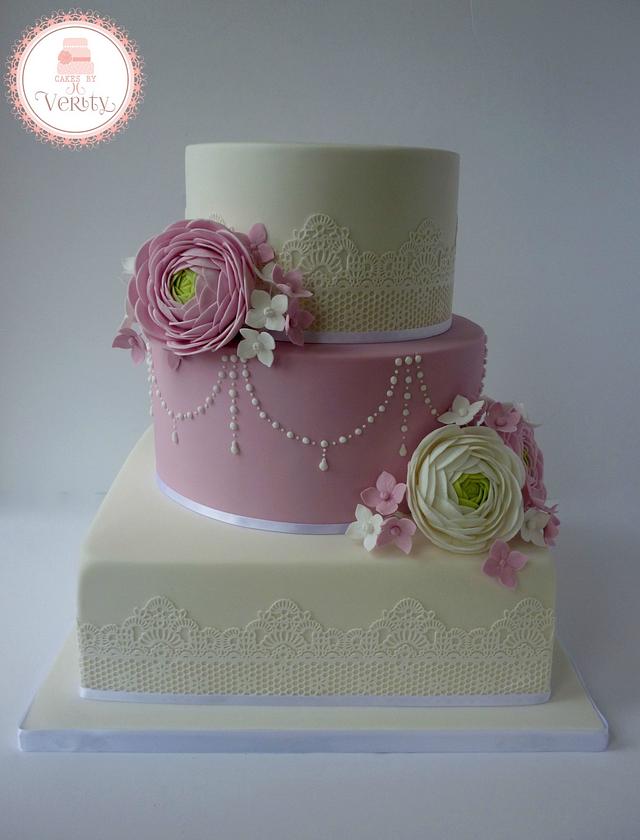 Ranunculus and Hydrangea Wedding cake - Decorated Cake by - CakesDecor