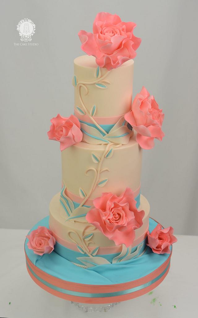 Teal and Coral Wedding Cake - Cake by Sugarpixy - CakesDecor