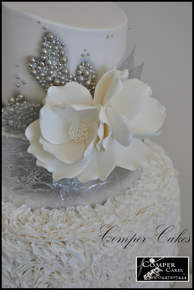 White and Silver Ruffle wedding cake