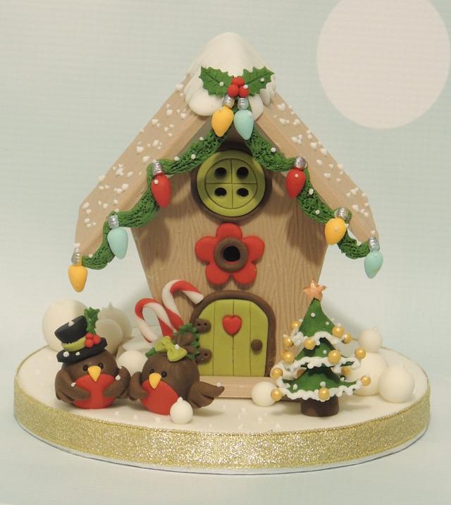 Christmas Robin Birdhouse Topper Decorated Cake by CakesDecor