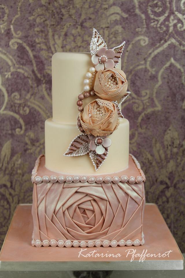 Wedding Cake With Fabric Flowers And Draping Cake By Cakesdecor