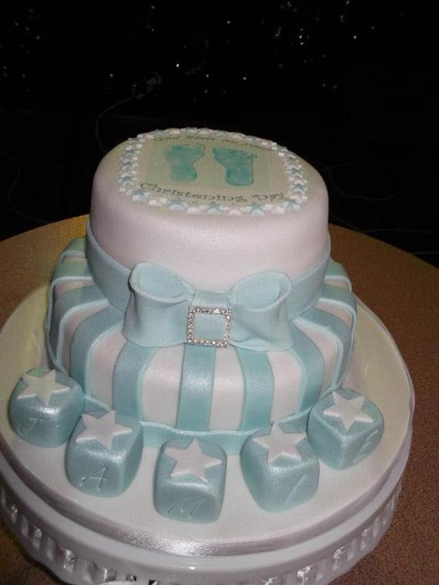 Baby Boy footprint Christening Cake Decorated Cake by CakesDecor