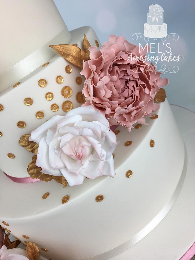 Roses Peonies And Gold Sequins Wedding Cake Cake By Cakesdecor