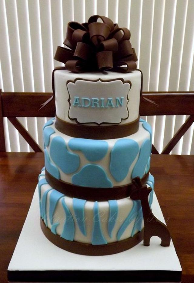 A Brown And Blue Safari Baby Shower Cake Cake By Maria Cakesdecor