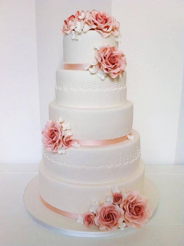 Roses and laces 5 tier Wedding Cake - Decorated Cake by - CakesDecor