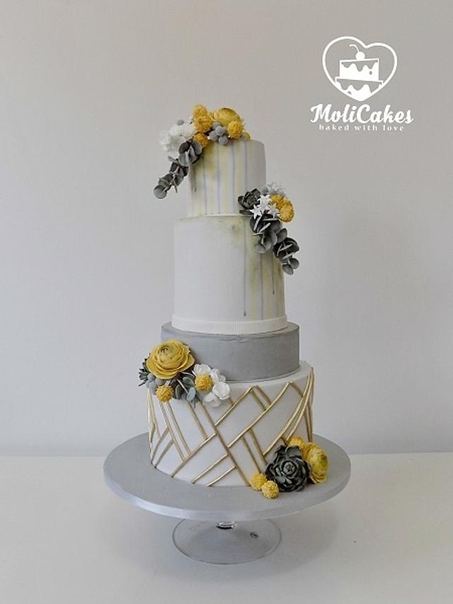 Yellow and grey wedding cake 