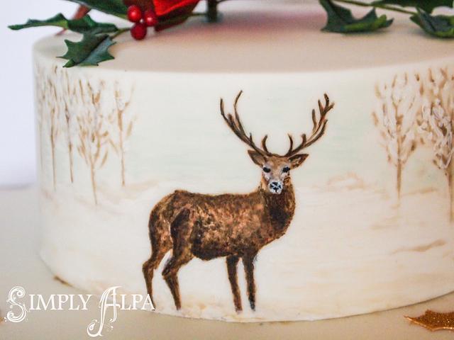 Painted Stag with poinsettia and holly