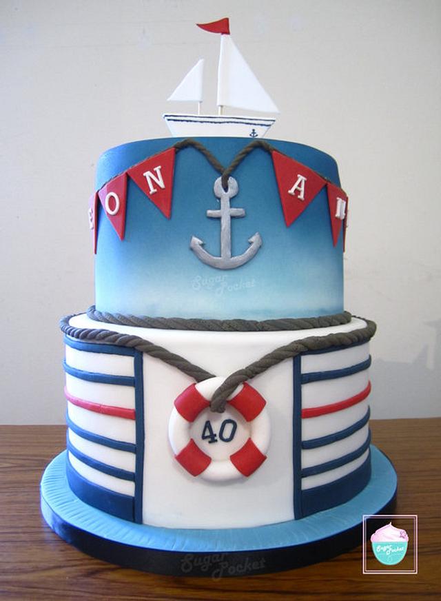 Nautical Themed Birthday Cake with Sailboat Topper