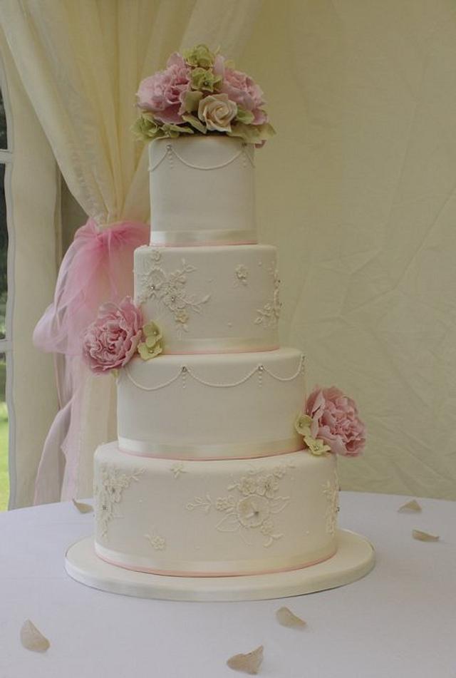 Peony and hydrangea wedding cake - Decorated Cake by Cake - CakesDecor