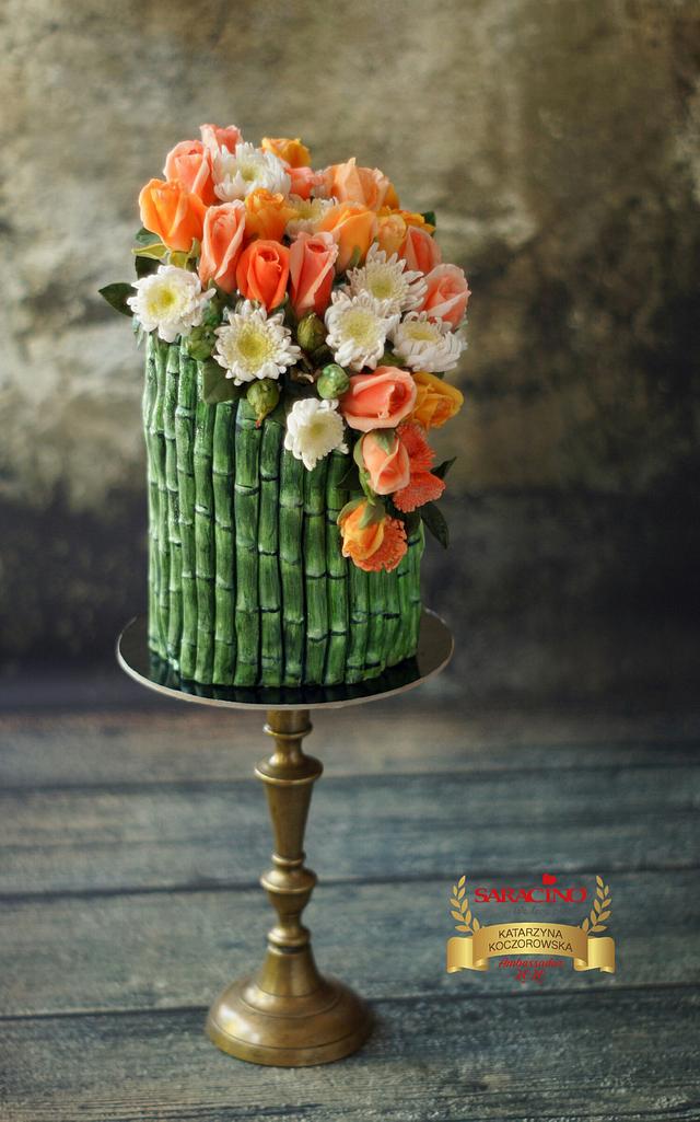 Bamboo birthday cake and sugar flowers 