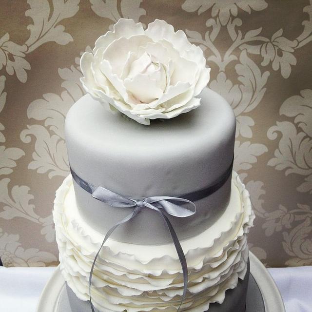 Grey and White wedding cake with sugar peonies