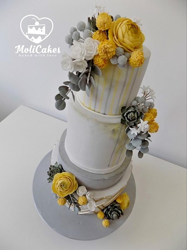 Yellow and grey wedding cake 