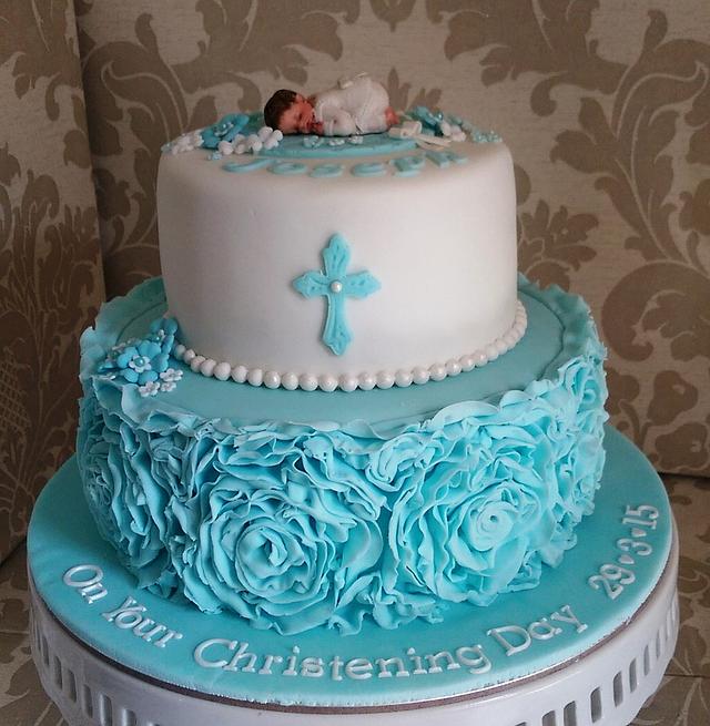 Blue Ruffle Christening Cake - Decorated Cake by - CakesDecor