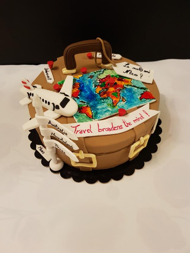 Travel Cake With Map And Luggage Cake Toppers - FUN And 3D