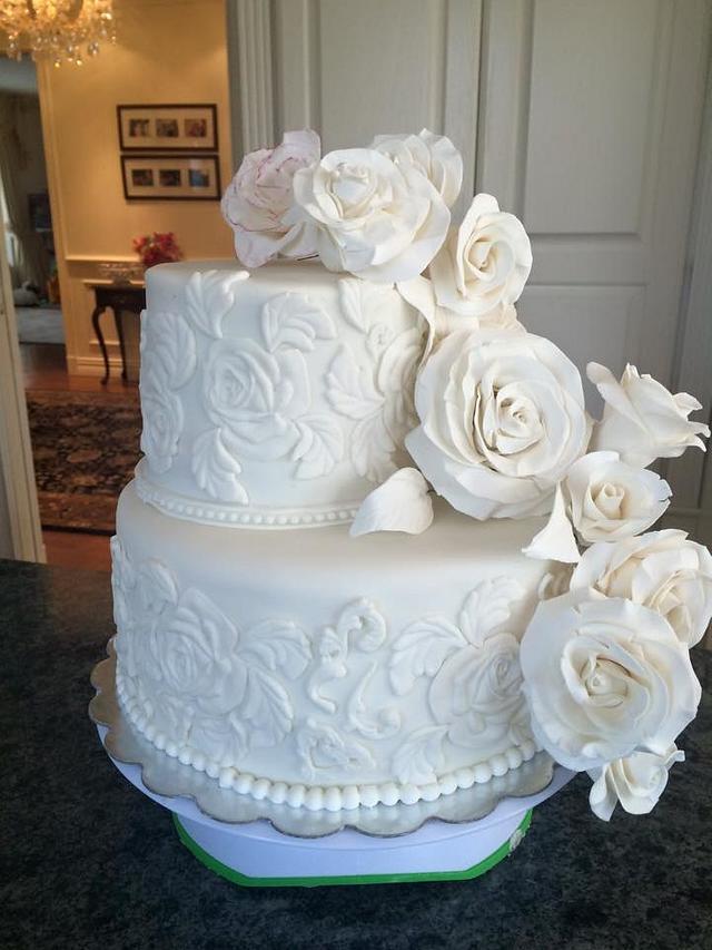 Cascading Roses White Wedding Cake Decorated Cake By Cakesdecor 