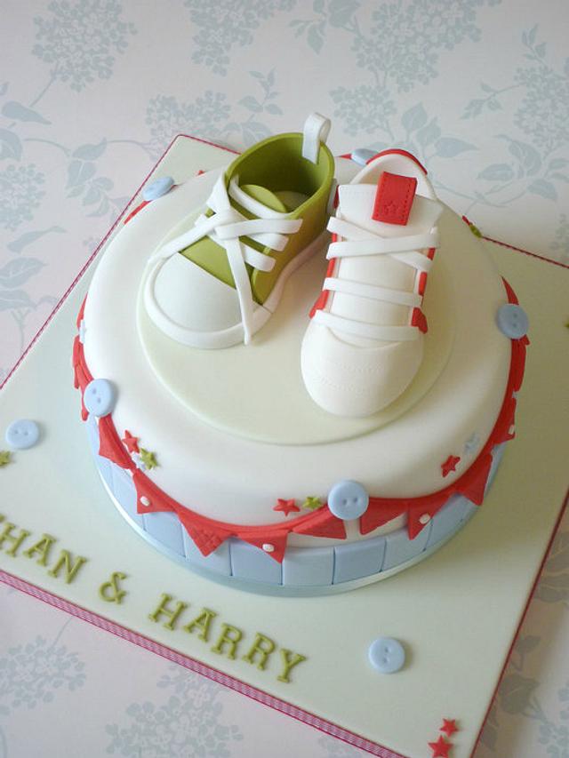 Baby shoe & football boot christening cake