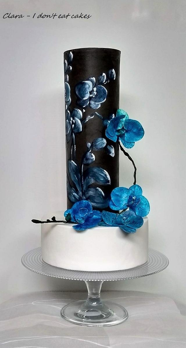 Blue Orchids With Black Forest Cake - Jamshedpur Online Cake Shop
