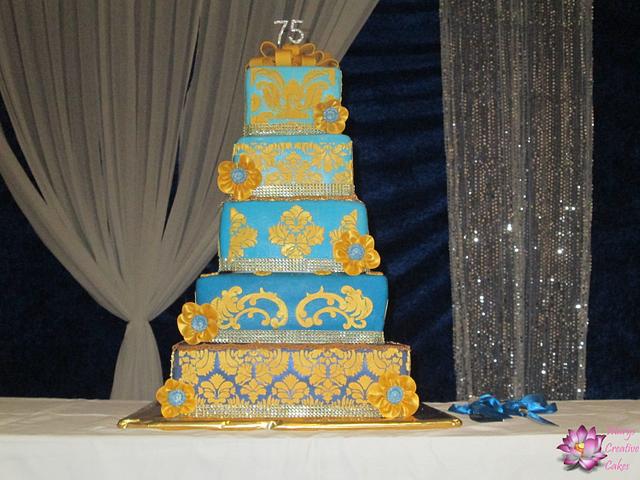 Blue gold 75th Birthday Cake - Decorated Cake by Mary - CakesDecor