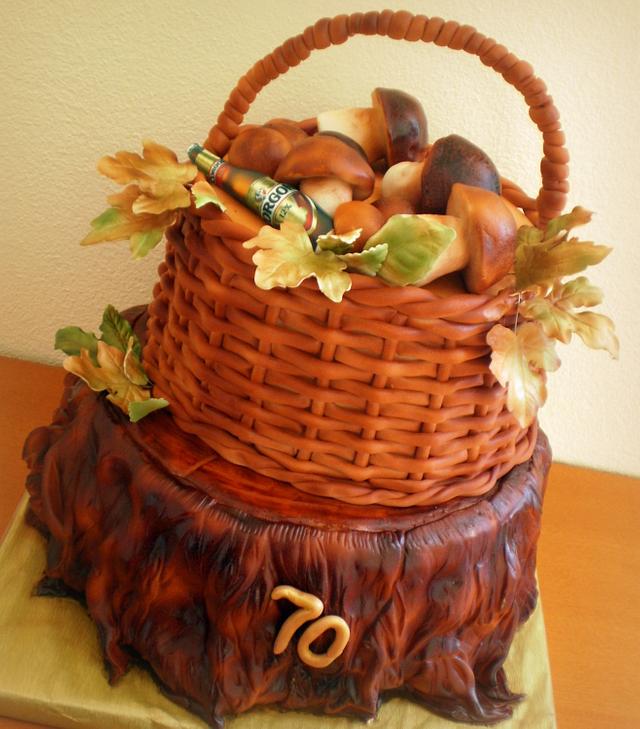 basket with mushrooms and beer on stump
