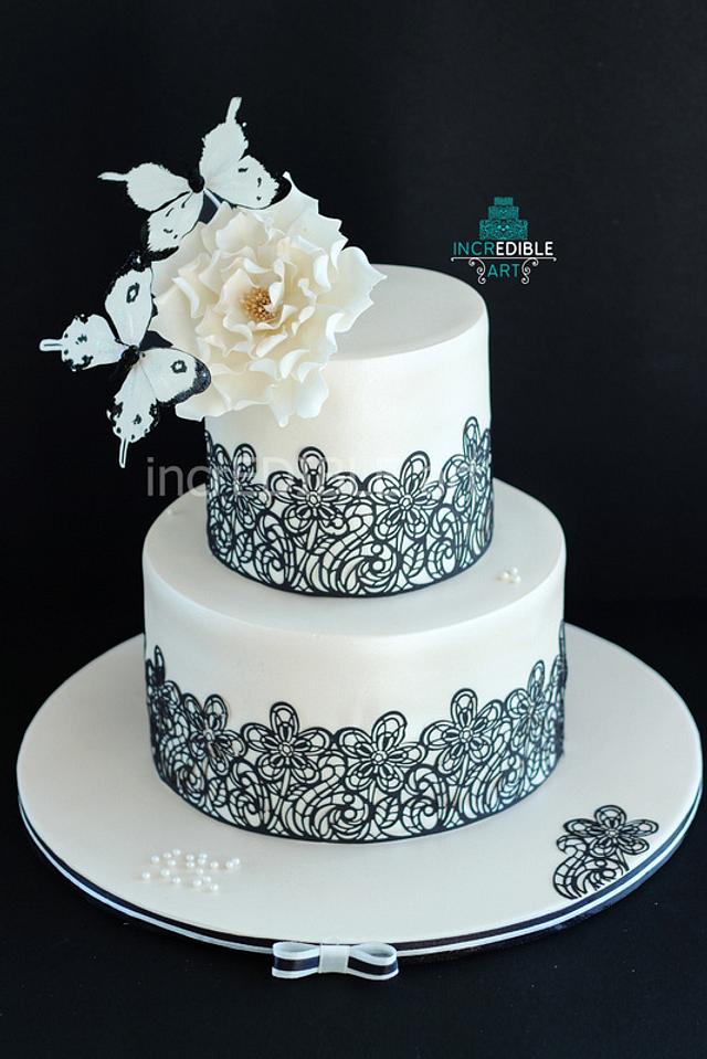 Lacey Elegance- Black And Ivory Wedding Cake - Decorated - Cakesdecor