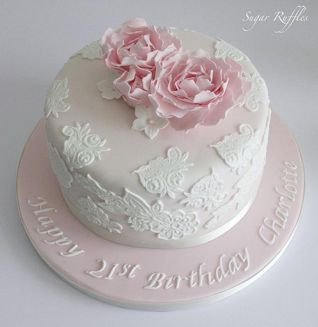 Pink Peonies 21st Birthday Cake - Decorated Cake by Sugar - CakesDecor