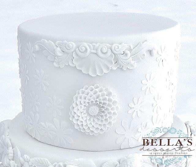 White on White Bas Relief Wedding Cake