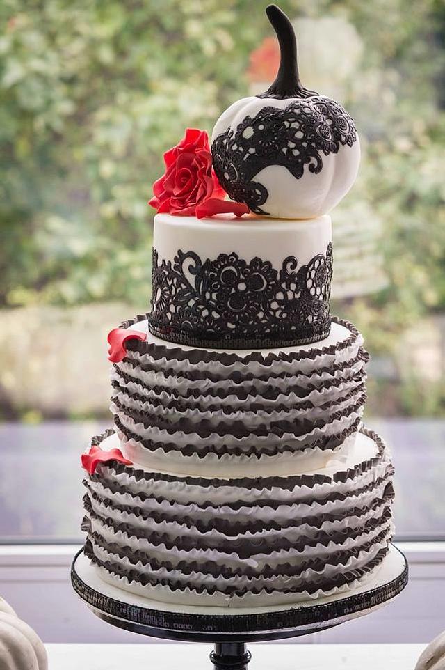 Black and white ruffle cake with white pumpkin, Gothic - CakesDecor