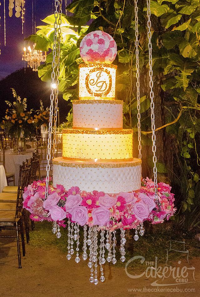 4 Layer Lighted Wedding Cake on a Swing