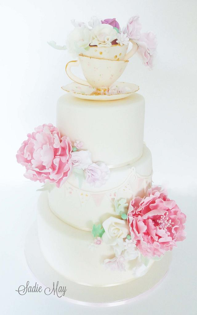 teacups, peonies and sweet peas Wedding Cake - Decorated - CakesDecor