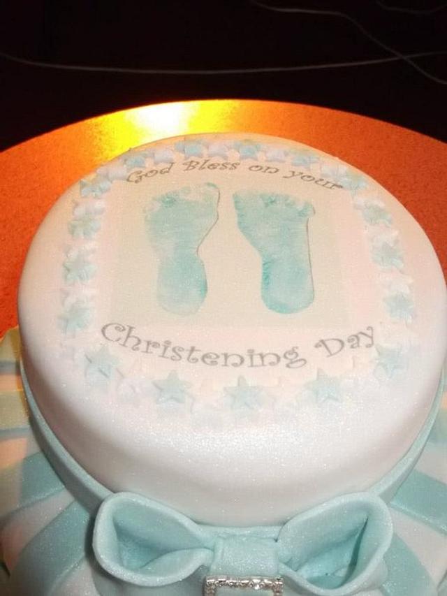 Baby Boy footprint Christening Cake Cake by Cakesnstuff CakesDecor