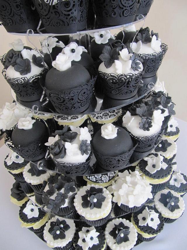 black and white wedding cake and cupcake tower - Cake by - CakesDecor