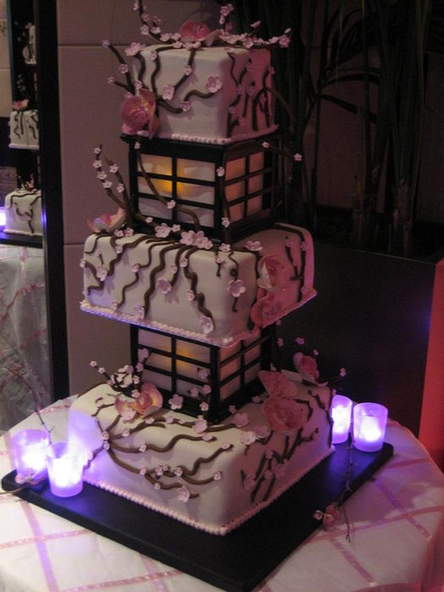 Orchid and Cherry blossom LIghted Lantern Cake - Wedding