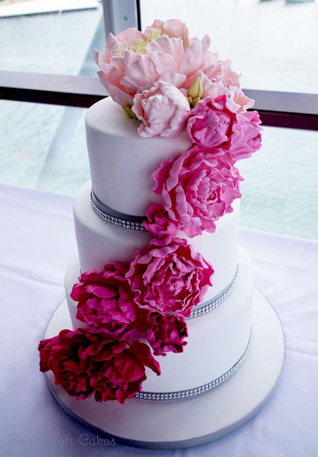 Ombre Cascading Sugar Peonies Wedding Cake - Decorated - CakesDecor