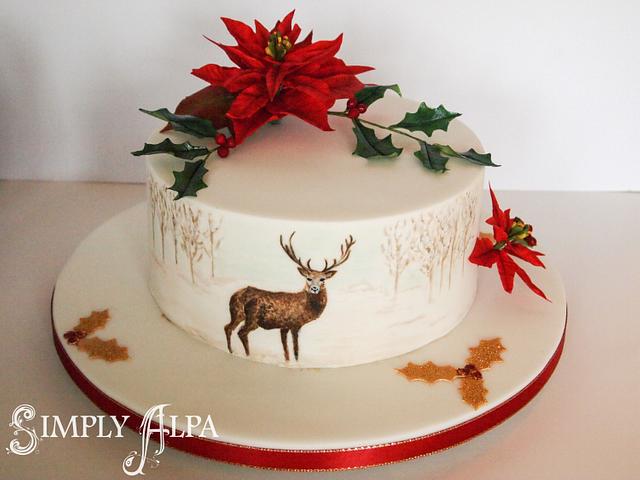 Painted Stag with poinsettia and holly