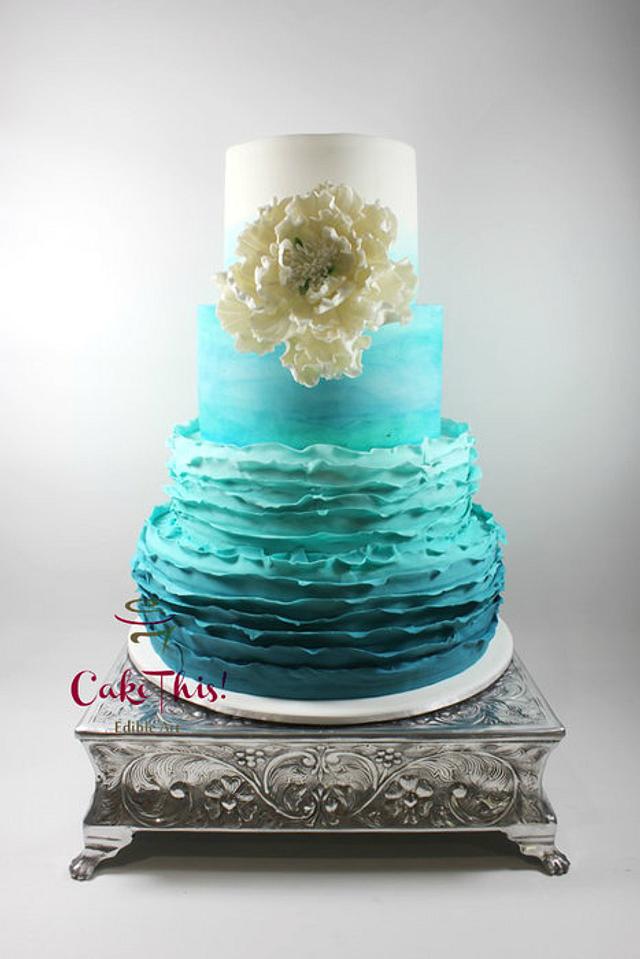 Turquoise Ombre Frilled Wedding Cake - Cake by Cake This - CakesDecor