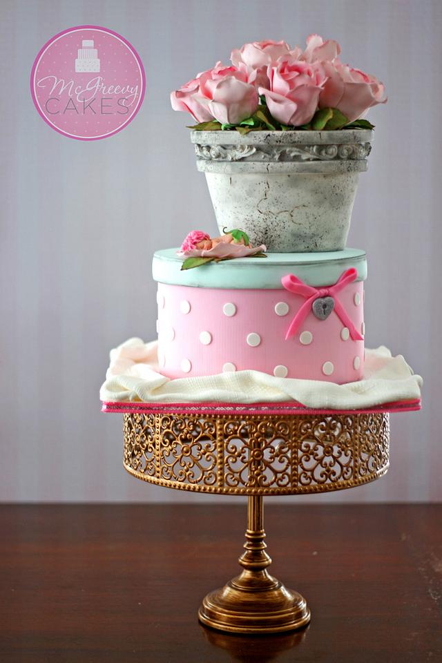 Antique Vase of Pink Roses & Hatbox Cake