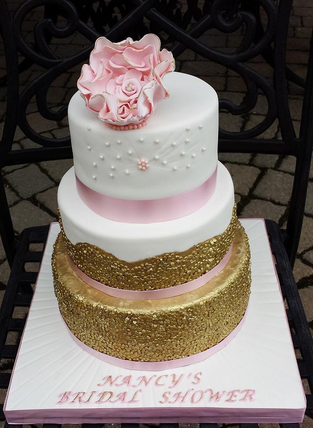 White with Gold Sequins Bridal shower cake