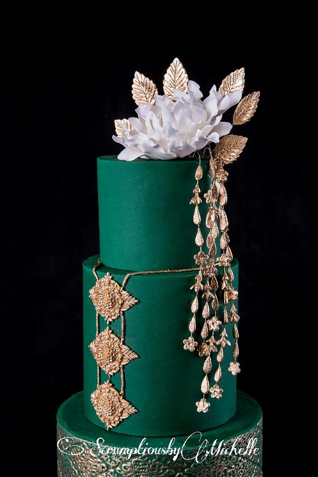 Emerald green and gold wedding cake