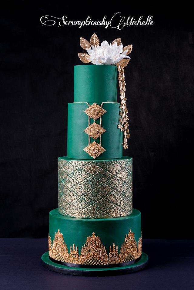 Emerald green and gold wedding cake