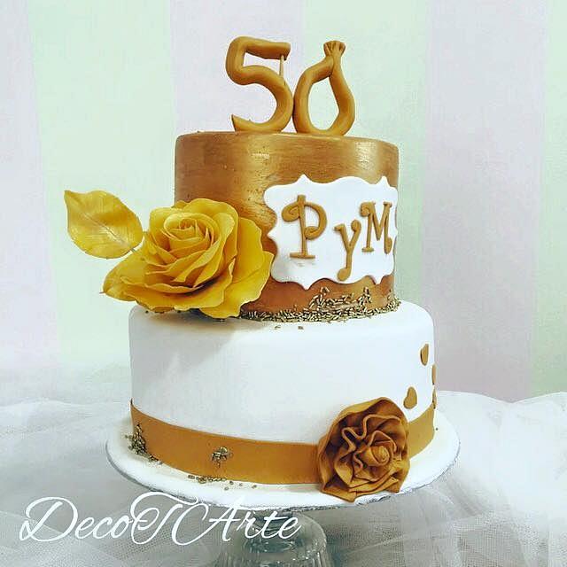 Gold and white wedding cake for Golden wedding - CakesDecor