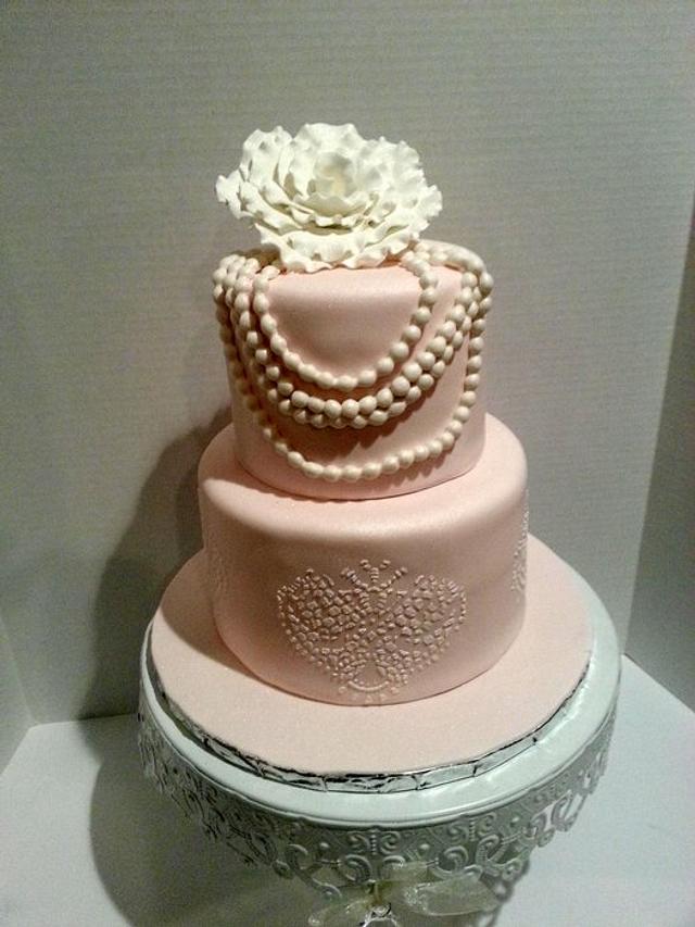 Blush Birthday Cake with Pearls and Large Rose - cake by - CakesDecor