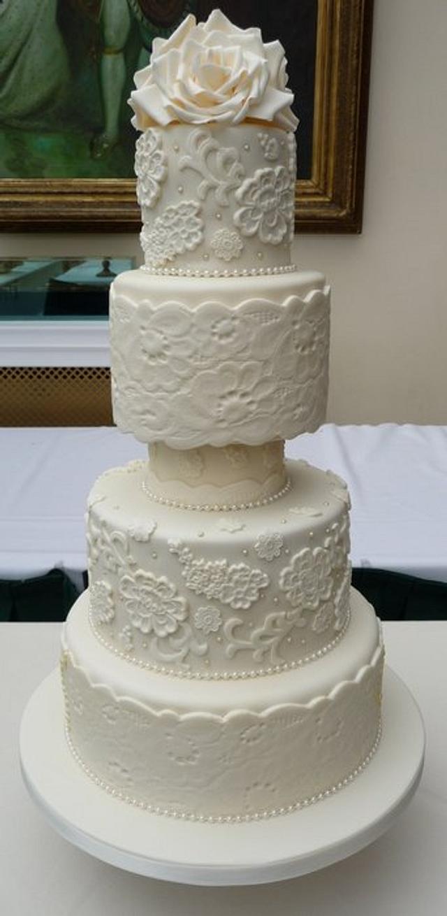 Ivory Lace Wedding Cake - Decorated Cake by Deborah - CakesDecor